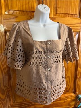 Square-Neck Eyelet Button Front Blouse in Taupe. 100% cotton